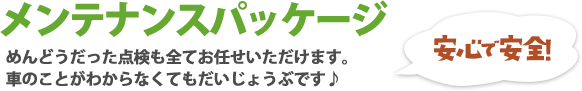 メンテナンスパッケージめんどうだった点検も全てお任せいただけます。車のことがわからなくてもだいじょうぶです