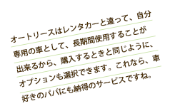 オートリースはレンタカーと違って、自分専用の車として、長期間使用することが出来るから、購入するときと同じように、オプションも選択できます。これなら、車好きのパパにも納得のサービスですね。