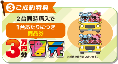 3ご成約特典：2台同時購入で1台あたりにつき商品券3万円分還元