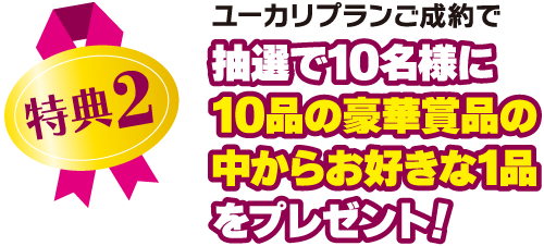 特典２：ユーカリプランご成約で抽選で10名様に10品の豪華賞品の中からお好きな1品をプレゼント！