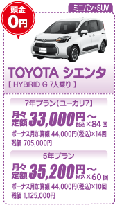 ミニバン・SUV：TOYOTA シエンタ【HYBRID G 7人乗り】